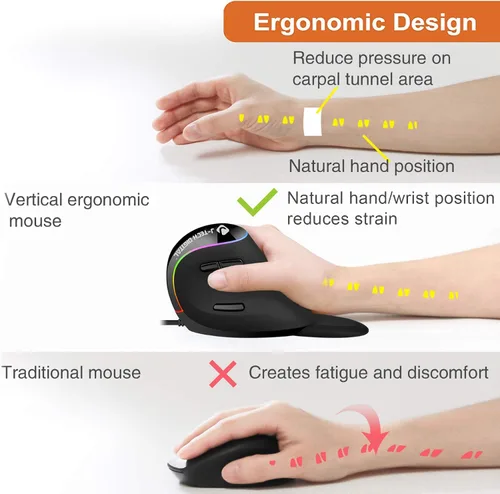 Vista 5 de J-Tech Digital Mouse ergonómico con conexión con cable, reposamanos extraíble, botones de pulgar, 800, 1200, 1800, 3200 DPI compatible con Windows