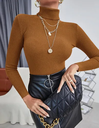 Vista 5 de Ekouaer Camisas de cuello alto para mujer, de manga larga, suéter de punto acanalado, camisetas térmicas, ligeras, tallas S-XXL