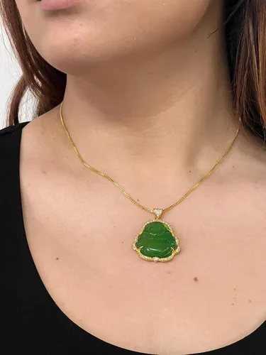Vista 3 de Collar de Buda verde sonriente de plata, 20 pulgadas, collar de cristal verde, collares de Buda de oro para mujer, collar de Buda riendo colgante