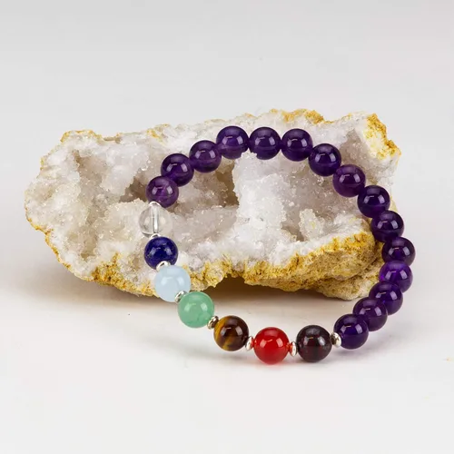 Vista 2 de Cherry Tree Collection Pulsera elástica de chakras, cuentas de piedras preciosas naturales genuinas de 0.31 pulgadas, espaciadores de plata de ley