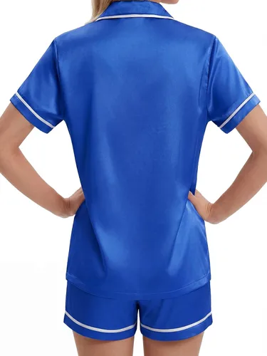 Vista 5 de LYANER Pijama de satén para mujer de seda de 2 piezas de pijama de manga corta con botones Azul brillante