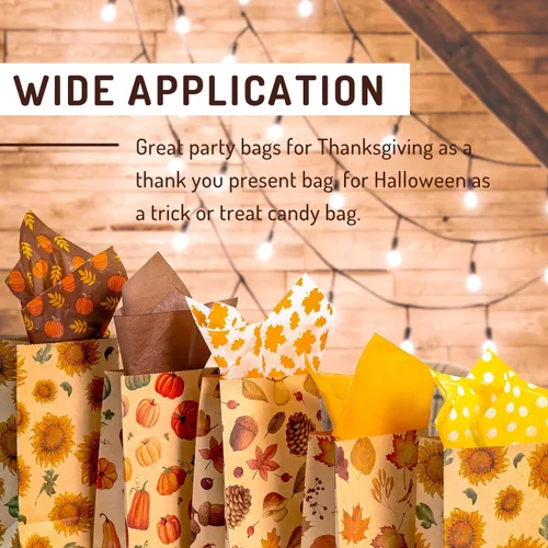Vista 7 de Whaline 48 bolsas planas de otoño para golosinas, papel kraft, calabazas, hojas de arce, girasoles, nueces, bolsa de regalo para regalos de fiesta