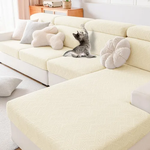 Vista 2 de hyha Fundas de cojín impermeables para sofá, fundas impermeables para sofá modular de 3 cojines para mascotas, funda elástica lavable con parte Beige