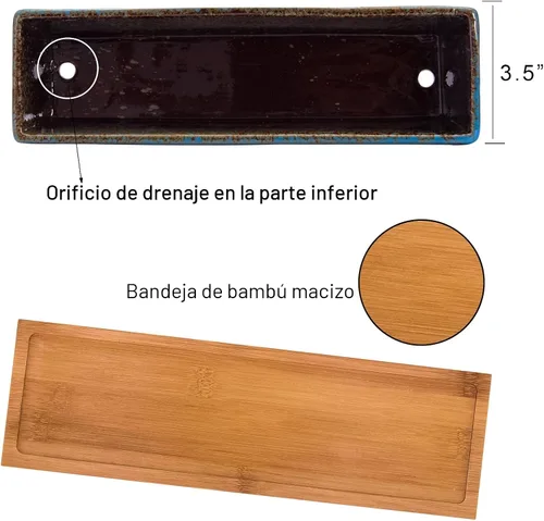 Vista 4 de ARTKETTY Macetas de suculentas - Macetas grandes para suculentas con drenaje, maceta de bonsái rectangular larga de 12 pulgadas con bandeja de Azul