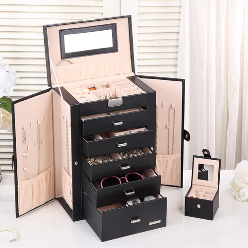 Vista 3 de Homde Joyero 2 en 1 enorme organizador estuche de piel sintética con estuche de viaje pequeño regalo para niñas o mujeres negro