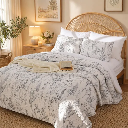 Vista 21 de JANZAA Juego de colcha tamaño Queen de 3 piezas con patrón floral, de microfibra ligera, ropa de cama reversible, 1 colcha y 2 fundas de almohada