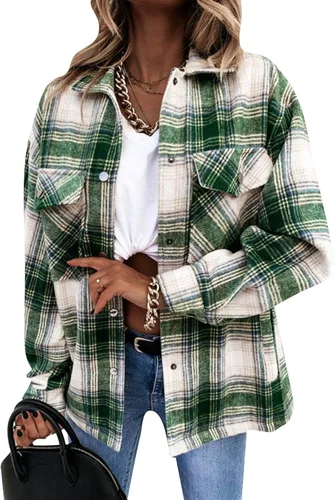 Vista 10 de Camisa de franela a cuadros para mujer, con botones, bolsillo a cuadros, casual, de manga larga Marrón