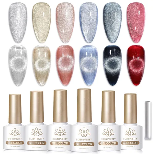 Vista 17 de Born Pretty Esmalte de uñas de gel magnético de ojos de gato verde, 6 colores brillantes con purpurina de cristal holográfico, salvia, oliva
