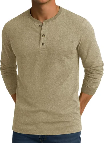 Vista 15 de CRYSULLY Camisa de manga larga para hombre, de algodón, con bolsillo de 3 botones, camisetas casuales elegantes ligeras tipo pullover