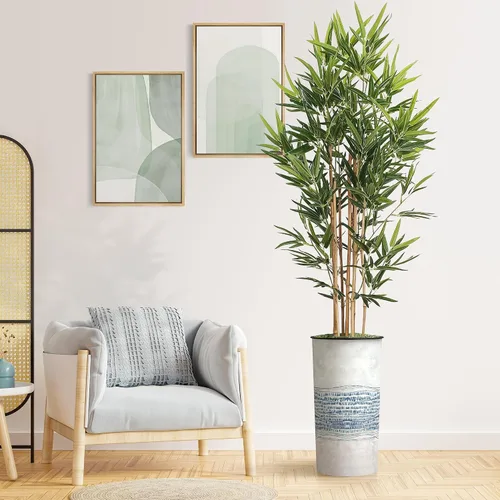 Vista 11 de Árbol artificial en macetero con patrón de línea industrial gris azul, palmera tropical areca artificial de seda para decoración del hogar
