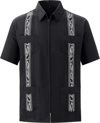 Vista 2 de Camisas casuales para hombre Guayabera de manga corta con cremallera, estilo mexicano