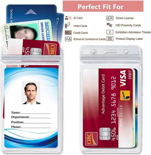 Vista 5 de 10 portatarjetas de identificación transparente, soporte vertical de PVC con cremallera resellable impermeable, soporte para tarjetas