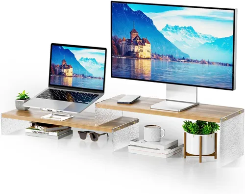 Vista 12 de YGYQZ Soporte elevador de monitor ajustable con patas acrílicas, soporte de monitor doble de 7.67 pulgadas de ancho para escritorio, organizador