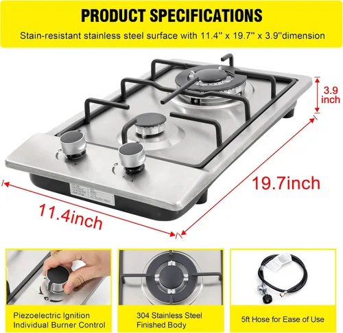 Vista 2 de Cocina de gas de 12 pulgadas, estufa de gas integrada de 2 quemadores de acero inoxidable con kit de conversión de NG/LPG, protección de termopar