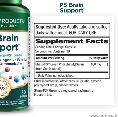 Vista 2 de Purity Products PS Brain Support de 100 mg Sharp-PS Green PhosphatidilSerine en cada cápsula blanda - Sin OMG, libre de alérgenos de soja - Apoya