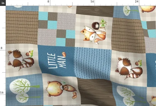 Vista 3 de Spoonflower Tela - Edredón de retazos de hombre pequeño del bosque con diseño de oso mapache y zorro crema azul y marrón impreso en tela de gasa