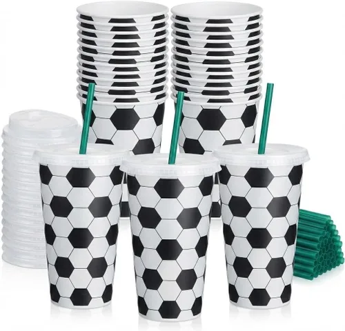 Vista 7 de Paquete de 24 copas de fútbol con tapas y pajitas, vasos de plástico reutilizables grandes de 24 onzas para regalos de fiesta de cumpleaños, regalos