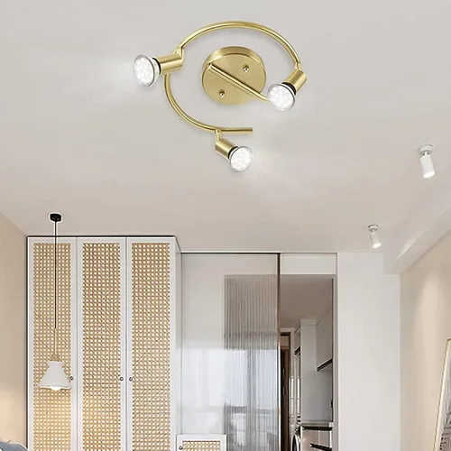 Vista 6 de Accesorios de iluminación LED para riel, kit de 3 luces redondas de techo, cabezales de luz giratorios flexibles, foco de 3 vías con acabado dorado