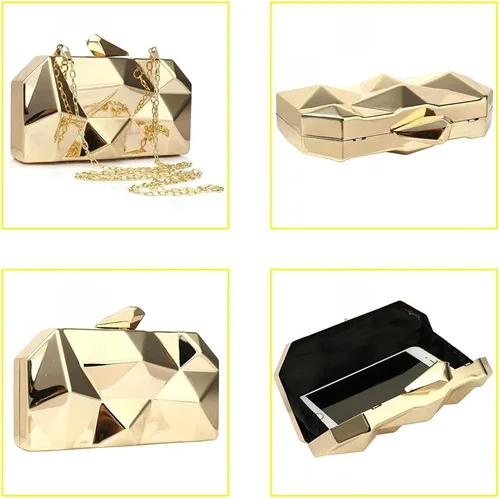 Vista 3 de Bolso de noche de metal con patrón geométrico de celosía para mujer, para boda, novia, graduación, bolso cruzado con cadena