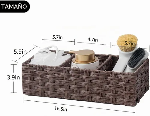 Vista 2 de Cesta de Papel para la Parte Superior del Tanque del Inodoro, Cesta Multiusos de Mimbre de Plástico Tejida a Mano, Contenedores con Divisor