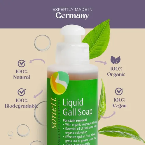 Vista 3 de Sonett Jabón líquido orgánico tradicional quitamanchas líquido, altamente eficaz contra marcas causadas por tinta, sangre, grasa y fruta, 4 onzas