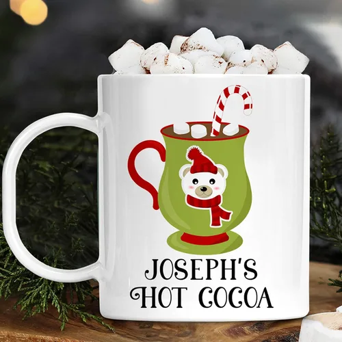 Vista 5 de Taza personalizada de los niños de los personajes del cacao caliente del día festivo con nombre, polímero ligero