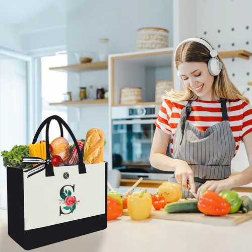 Vista 3 de Initial Canvas Tote Bag, Monogrammed Tote Bags Suitable for Mother's Day Wedding Beach