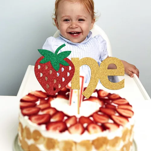 Vista 5 de Decoración de pastel de cumpleaños de fresa para el primer cumpleaños, decoración de pastel de cumpleaños con temática de frutas de un año