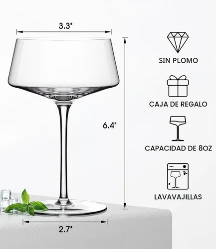 Vista 4 de Hlukana Juego de 4 copas de Martini sopladas a mano, copa Coupe de 8 onzas, copas de cóctel de cristal premium, copa de champán, juego