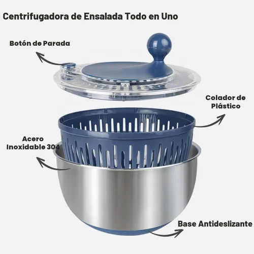 Vista 2 de Molinillo de ensalada de acero inoxidable, 5.3 cuartos de galón con base antideslizante, botón de drenaje y parada, lavadora y secadora de frutas