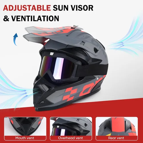 Vista 4 de Adult Dirt Bike Helmet Motorcycle Racing Street Bike Off-Road Mountain Bike BMX MX ATV Helmet with Cycling Glasses and Visor for Unisex-Adult