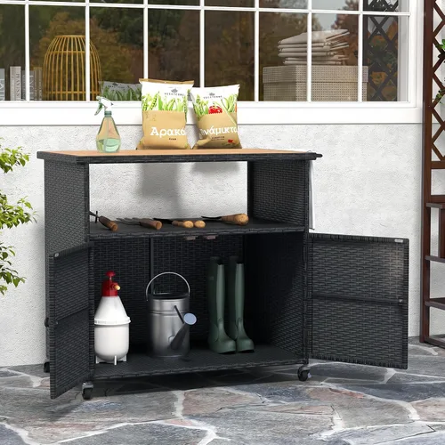 Vista 3 de HAPPYGRILL Gabinete de almacenamiento al aire libre con ruedas, caja de Negro