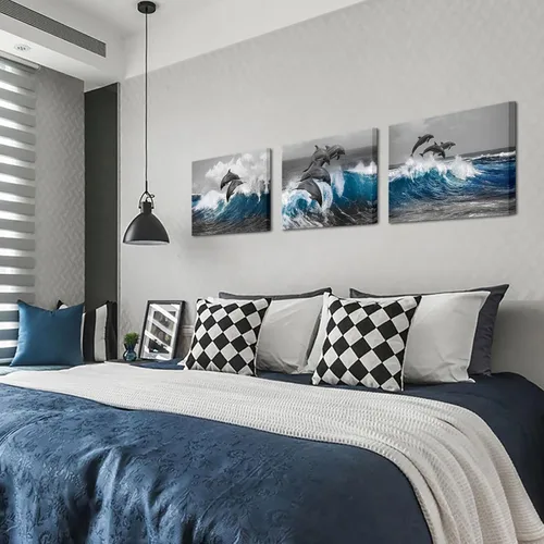 Vista 4 de Biuteawal 3 piezas de arte de pared de delfín gris azul océano océano animal imagen decoración de baño pintura marina impresiones sobre lienzo
