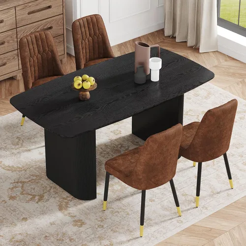 Vista 23 de Juego de mesa de comedor moderno para 4, juego de mesa de comedor negro de 67 pulgadas con mesa ovalada de madera de 3.5 pulgadas de grosor y base