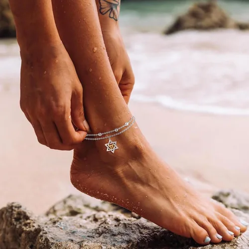 Vista 2 de CHIC & ARTSY Tobilleras delicadas de plata de ley S925 para verano, pulsera de tobillo ajustable multicapa para playa, joyería de pie para mujer