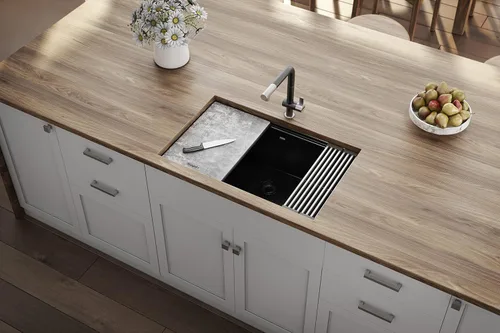 Vista 6 de Ruvati Fregadero de cocina de cuarzo compuesto de granito de 30 pulgadas con estación de trabajo, montaje por debajo y acabado negro mate - RVG2310BK