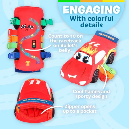 Vista 4 de Buckle Toys - Bullet Racecar - Desarrolla habilidades motoras finas - Juguetes de actividad de aprendizaje sensorial - Esencial de viaje en avión