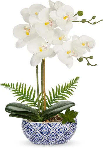 Vista 13 de Orquídeas blancas artificiales en maceta dorada, orquídea Phalaenopsis falsa, orquídea Bonsia sintética, centro de mesa para mesa de comedor