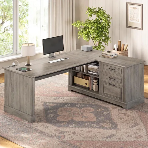 Vista 12 de SEDETA Farmhouse Corner Desk for Small Space, White Small Computer Desk Black and Brown