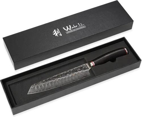 Vista 6 de Wakoli EBO - Cuchillo Kiritsuke para barbacoa, 7.9 pulgadas VG10 Damasco, mango de roble oscuro Damascus kitchen knife with an angled-tip blade