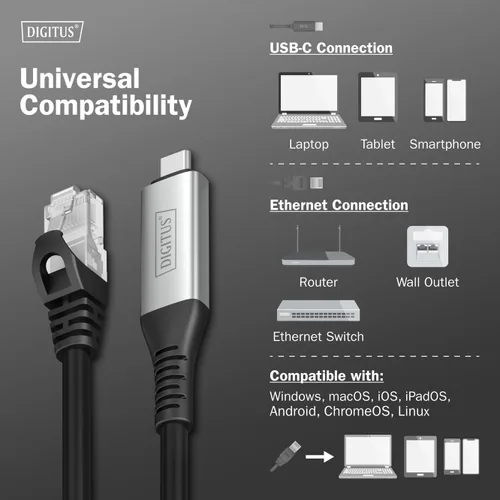 Vista 3 de DIGITUS USB to Ethernet Cable - Type-C to RJ45 - USB-C 3.2 Gen1 - 1Gbps - 2m - LSZH - CAT 6A S/FTP - AWG 26 - Plug & Play - Black