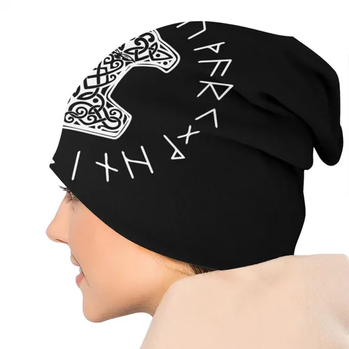 Vista 5 de Vikings Mjolnir and Rune Wheel - Gorro con símbolo de mitología nórdica para hombres y mujeres gorro holgado para esquí calavera invierno fino