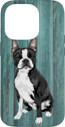 Vista 17 de Boston Terrier Faux Blue Wood Background Case for iPhone 17
