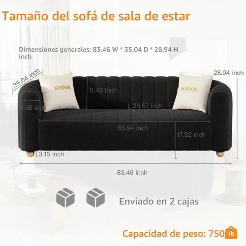Vista 2 de Moderno juego de sofá de terciopelo negro de 3 piezas para sala de estar, juego de sofá curvado acolchado con patas de esfera de metal dorado