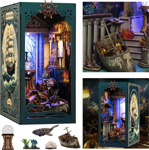 Vista 15 de ISSEVE Kit de Rincón de Libros, Rompecabezas de Madera 3D DIY Casa de Muñecas Booknook para Adultos, Kit de Casa en Miniatura Diminuta Decoración