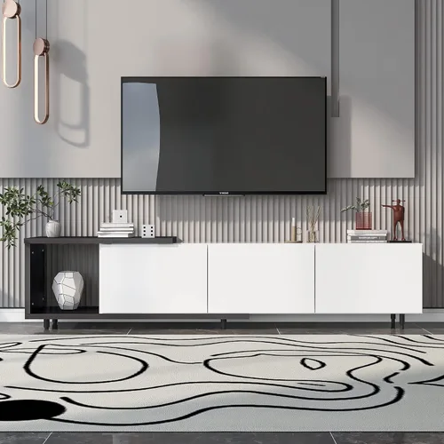 Vista 28 de Soporte de TV versátil de alto brillo con luces LED que cambian de color y 2 estantes de vidrio templado, centro de entretenimiento para televisores