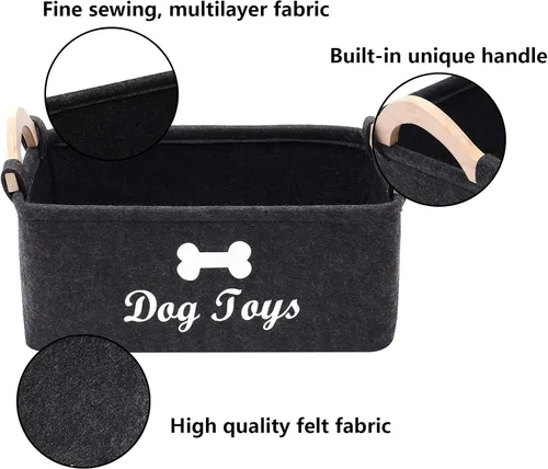 Vista 3 de Geyecete Cesta plegable para juguetes para perros con mango de madera, gran contenedor de almacenamiento de suministros para mascotas gris oscuro