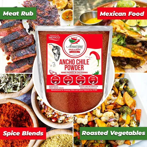 Vista 2 de Ancho Chile Powder 4oz Molido Suave Seco Chili Pepper Mexican Spice Smoky sweet ground poblano for mole, enchiladas, tacos, rubs & marinades. All