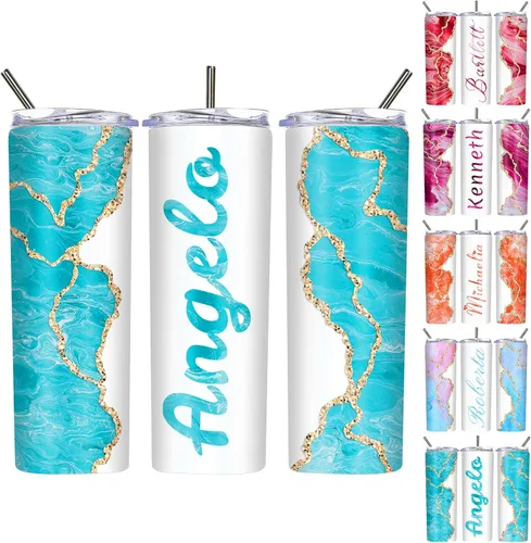 Vista 14 de Vasos delgados personalizados con tapas y pajitas de 20 onzas, diseño de mármol personalizado, vasos de acero inoxidable delgados con nombre