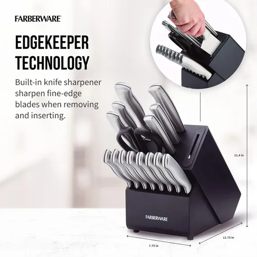 Vista 2 de Farberware EdgeKeeper - Juego de cuchillos de cocina de acero inoxidable estampado con bloque autoafilable, asas ergonómicas, se recomienda lavar a
